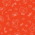 Vector doodle pattern of dogs, cats, pet food and toys.